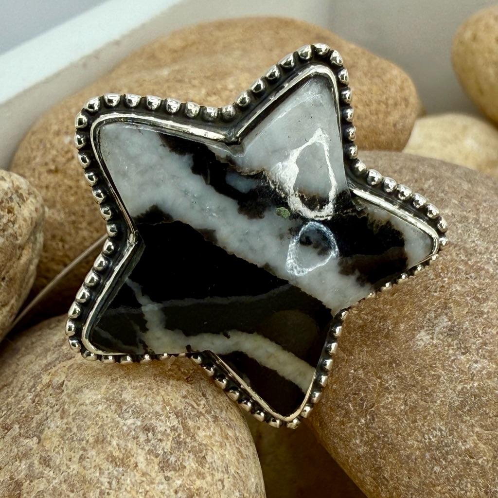 Sterling Silver Zebra Jasper Star Ring Size 7 925 Beaded Edge Ring Nwt 107g 95$